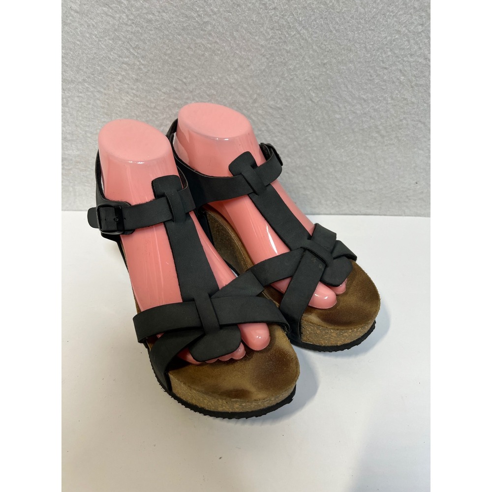 Goldstar Black Cork Wedge Platform Sandals Womens 41 US 10.5 Buckle Ankle Strap‎